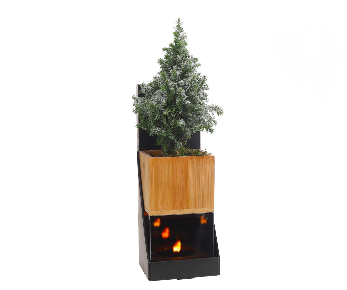 kerstboompje met vlam-led in houten planter