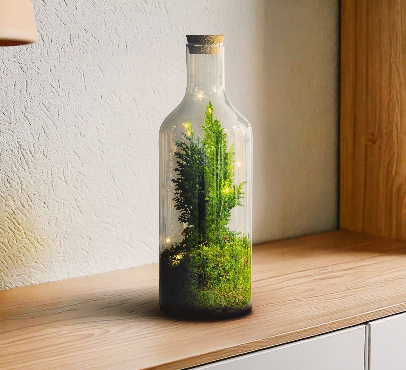 Chamaecyparis met led in open Terrarium Bottle