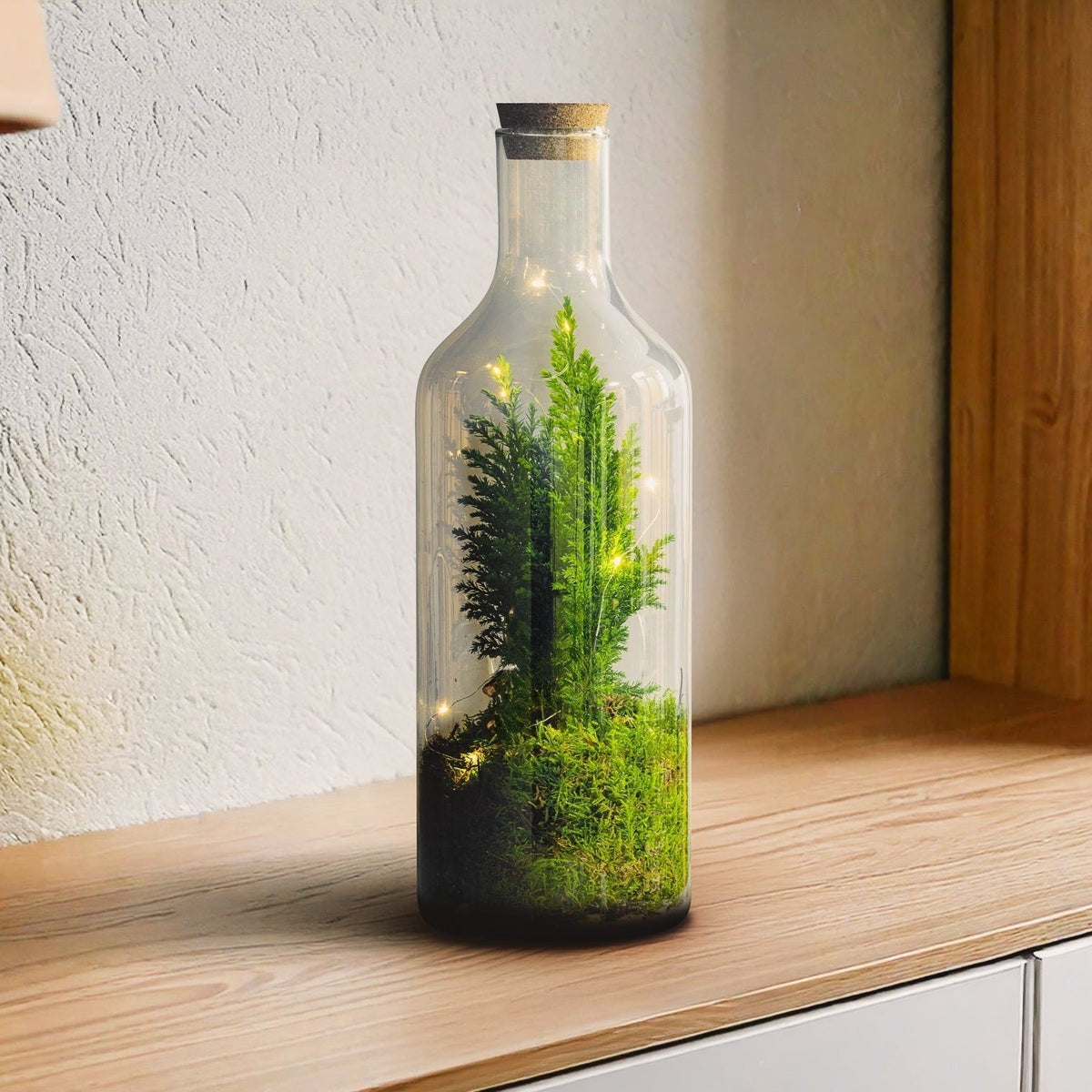 Mini kerstboompje met led in open Terrarium Bottle