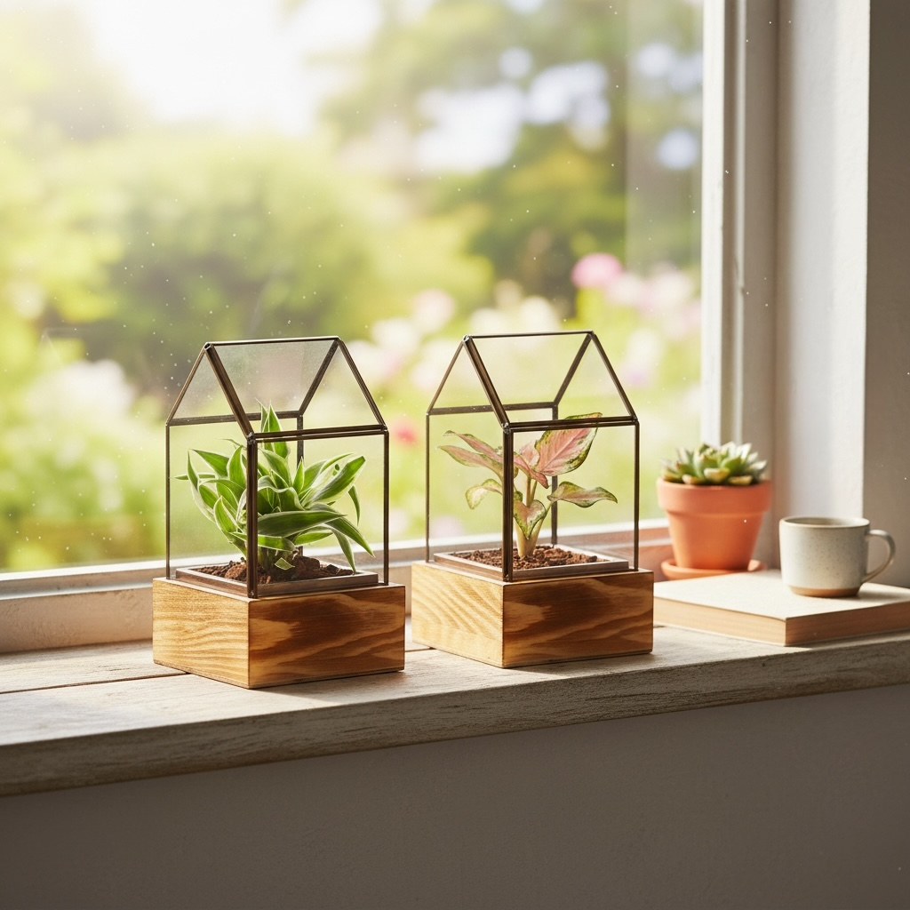 Small green plant in semi-terrarium mini greenhouse