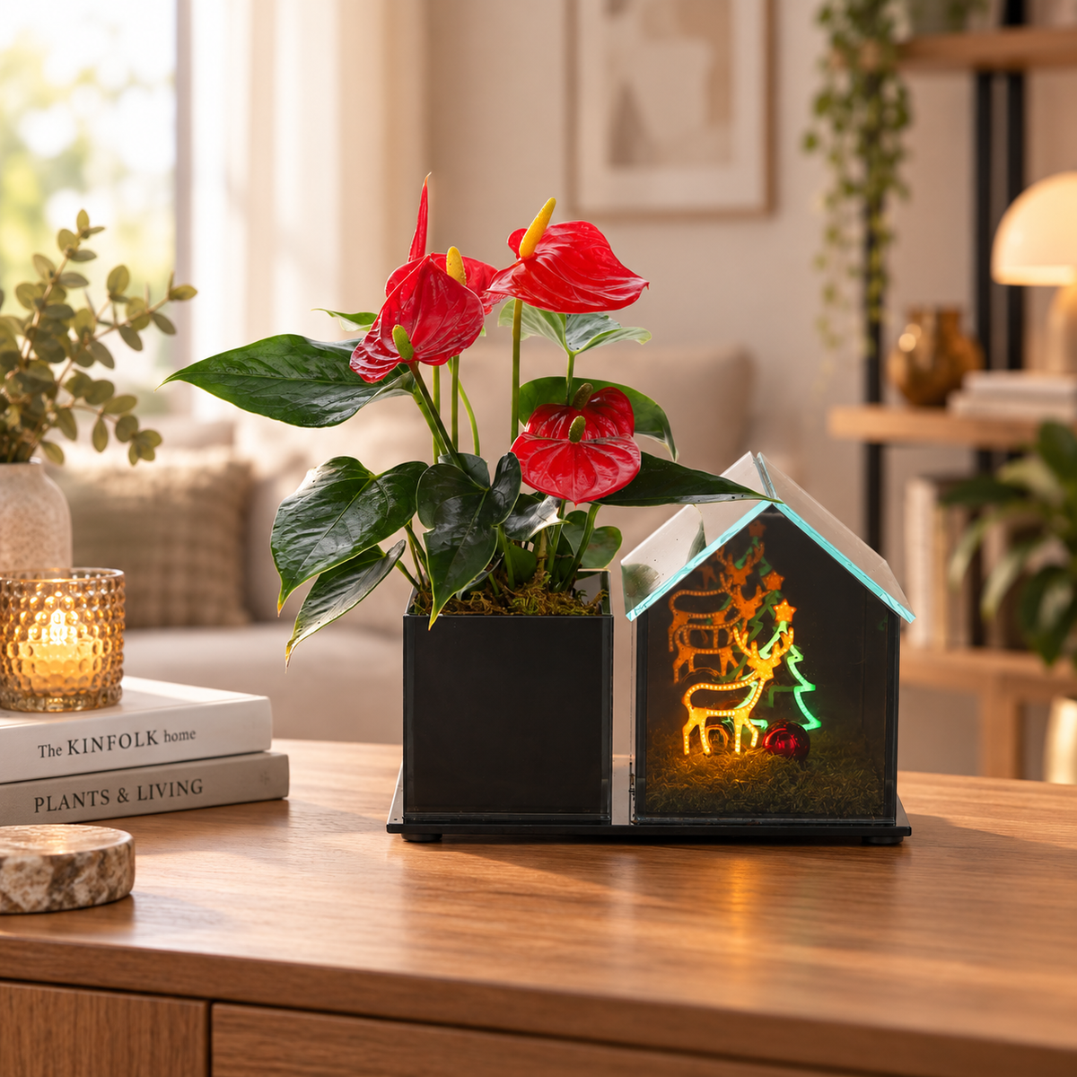 Anthurium in Lighting Kersthuisje