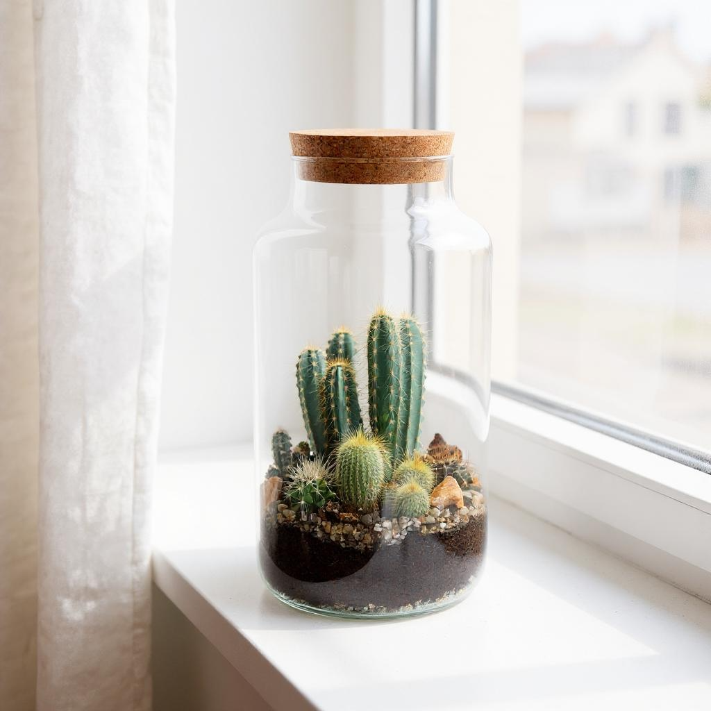 Cactuses in a Green Bottle Terrarium | Housewarming Gift