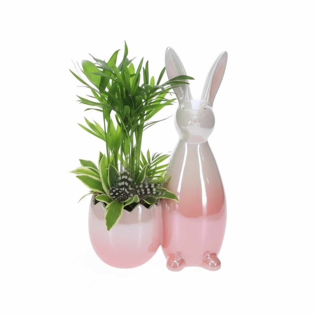 Paashaas Roze met groenplanten