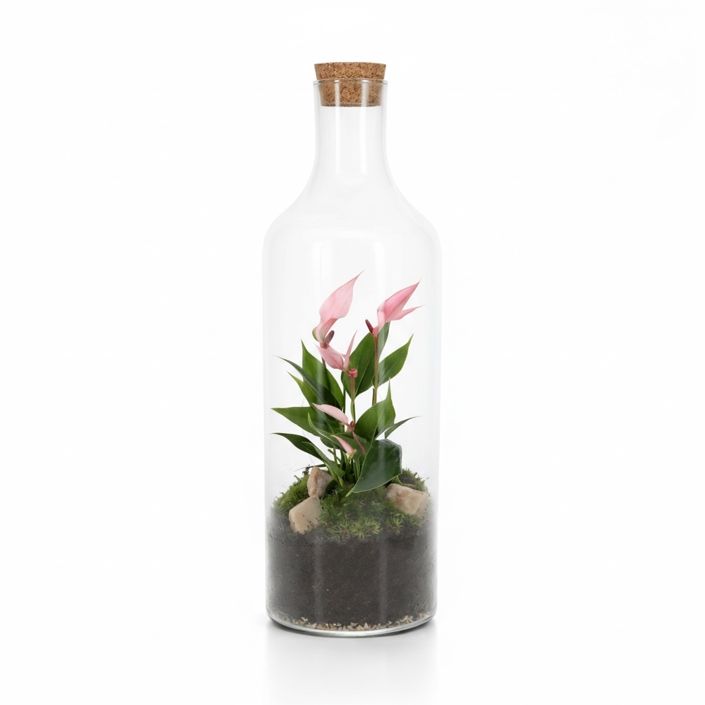 Anthurium Roze in open Terrarium Bottle