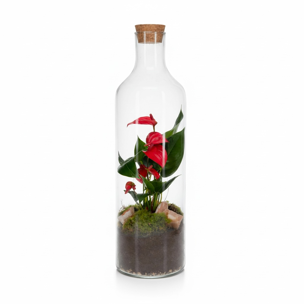 Anthurium Roze in open Terrarium Bottle