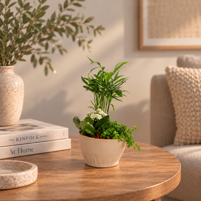 Kamerplant arrangement in schaal bio
