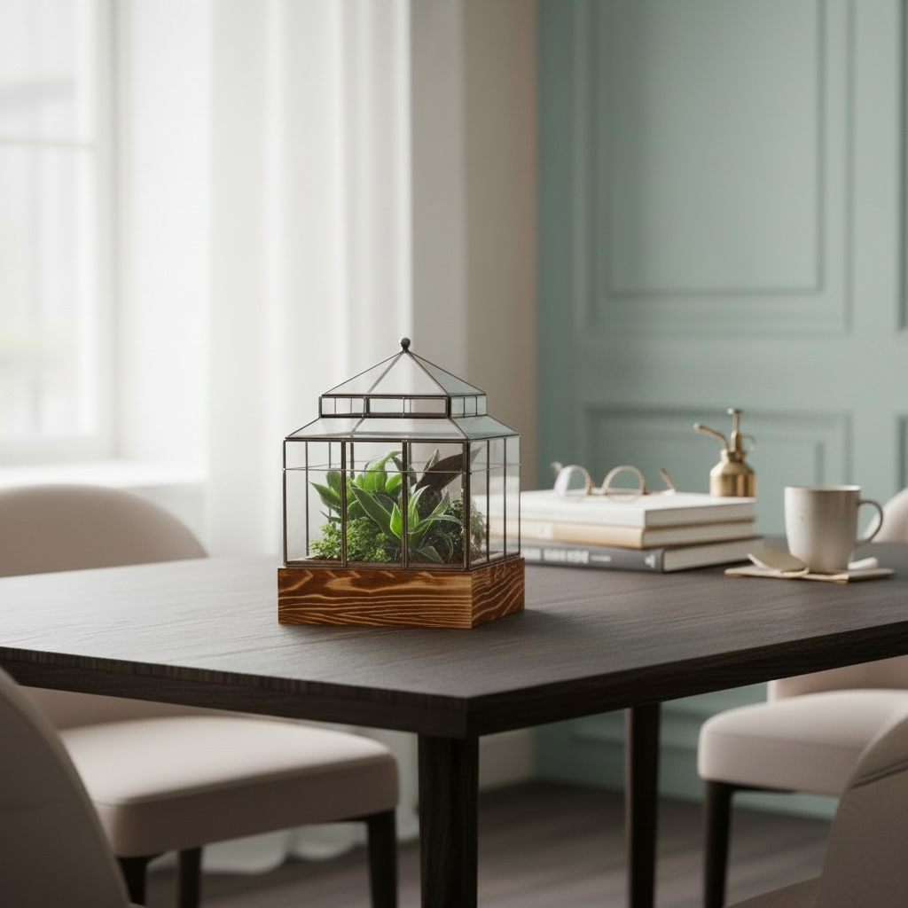 Groenplanten in semi-terrarium glazen kas