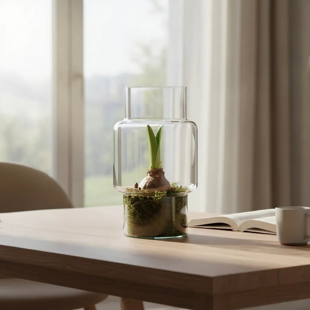 Amaryllis in open terrarium Sara