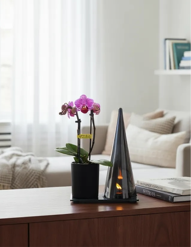 Phalaenopsis in Design planter met Vlam led verlichting