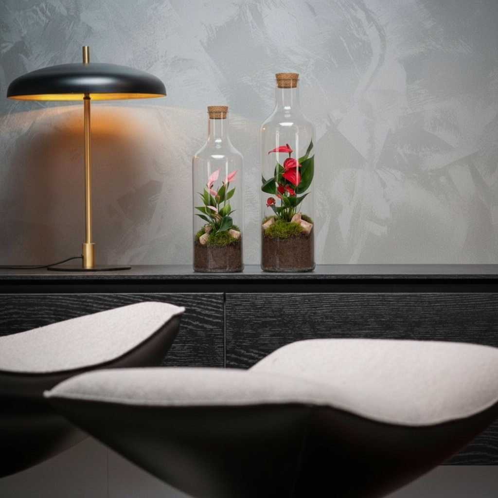 Roze Anthurium in fles