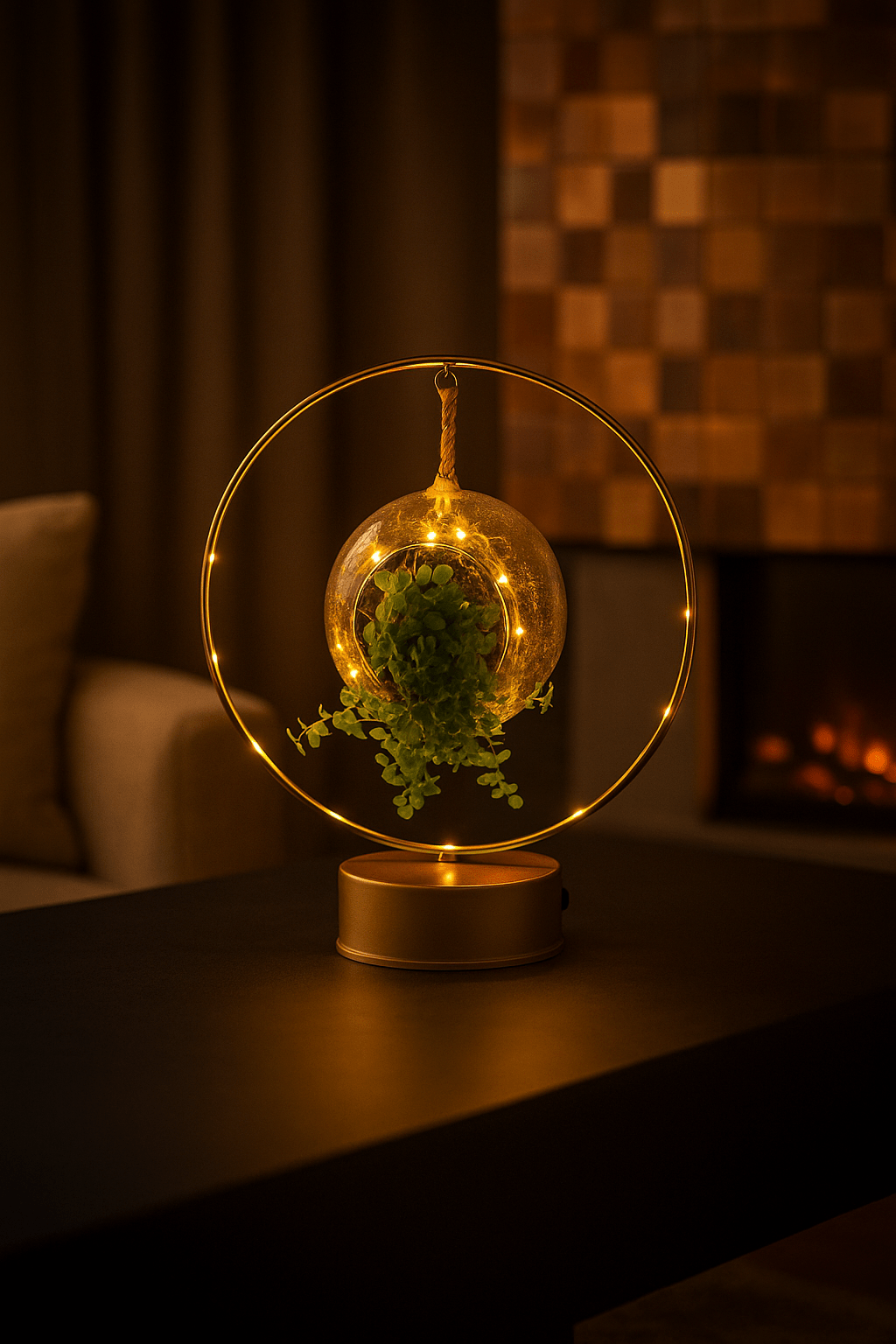 Lighting boog green – hangend groenobject met licht - The Green Bottle Garden