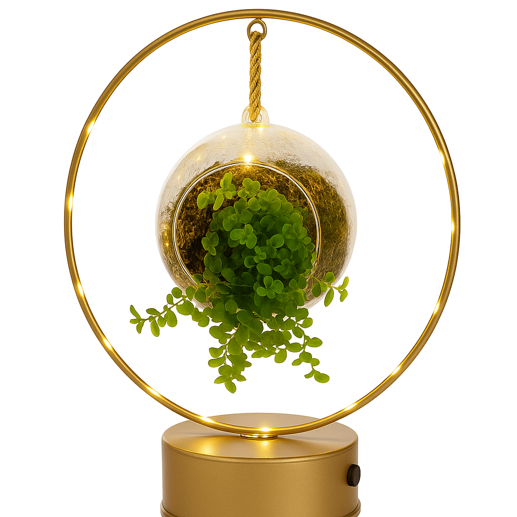 Lighting boog green – hangend groenobject met licht - The Green Bottle Garden
