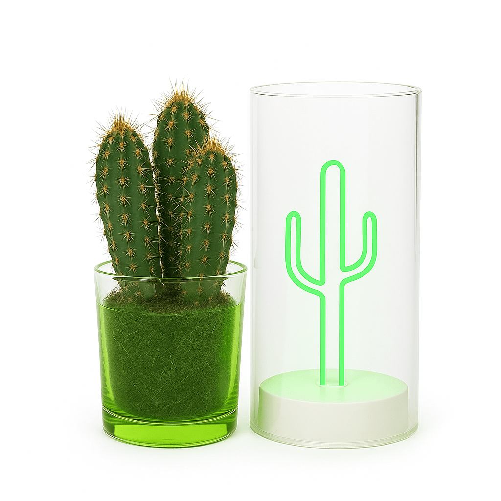 Lighting Cactus – Groen LED & Echte Cactus in Potje - The Green Bottle Garden