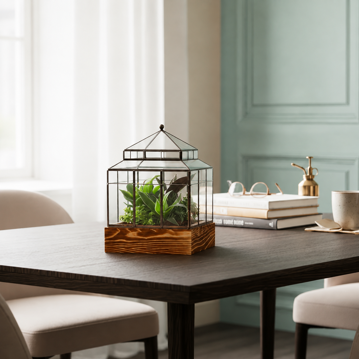 Groenplanten in semi-terrarium glazen kas