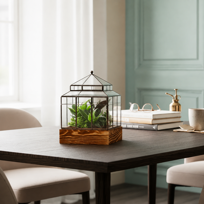Groenplanten in semi-terrarium glazen kas